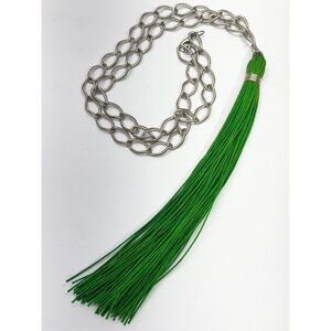 Green tassel long silver chain necklace
